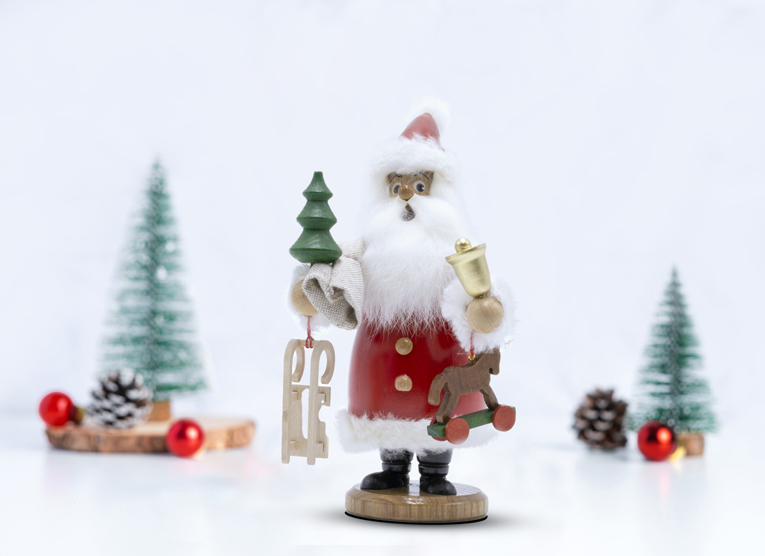 Räuchermann Weihnachtsmann rot mit Fell und Geschenken