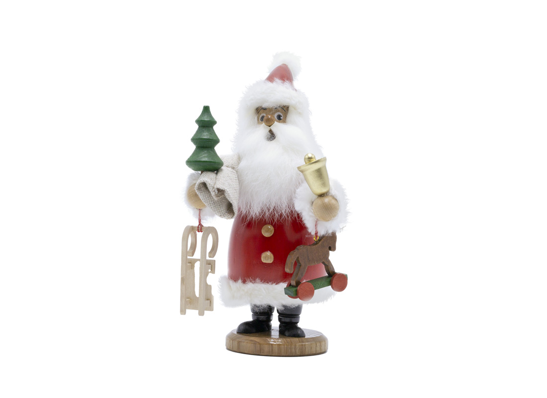 Räuchermann Weihnachtsmann rot mit Fell und Geschenken